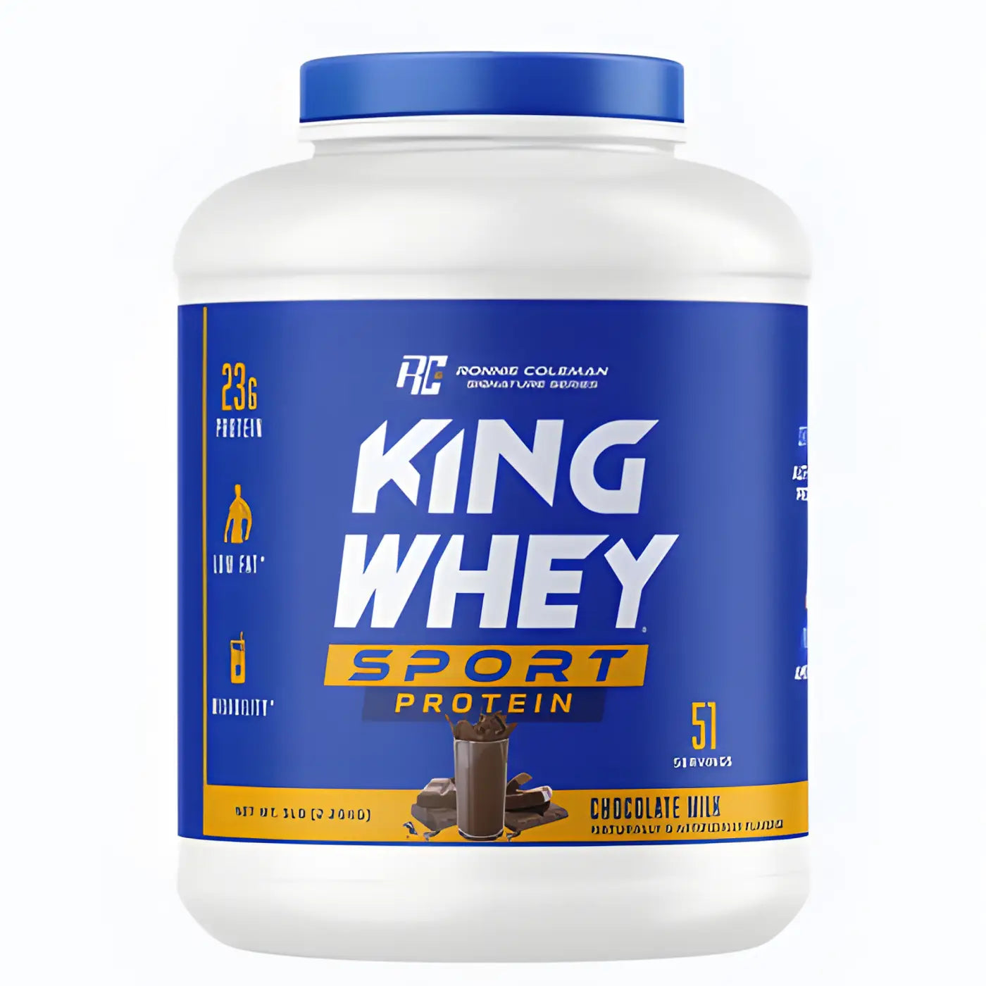 Envase blanco de plástico con tapa azul y etiqueta azul vibrante de ronnie coleman king whey sabor chocolate leche